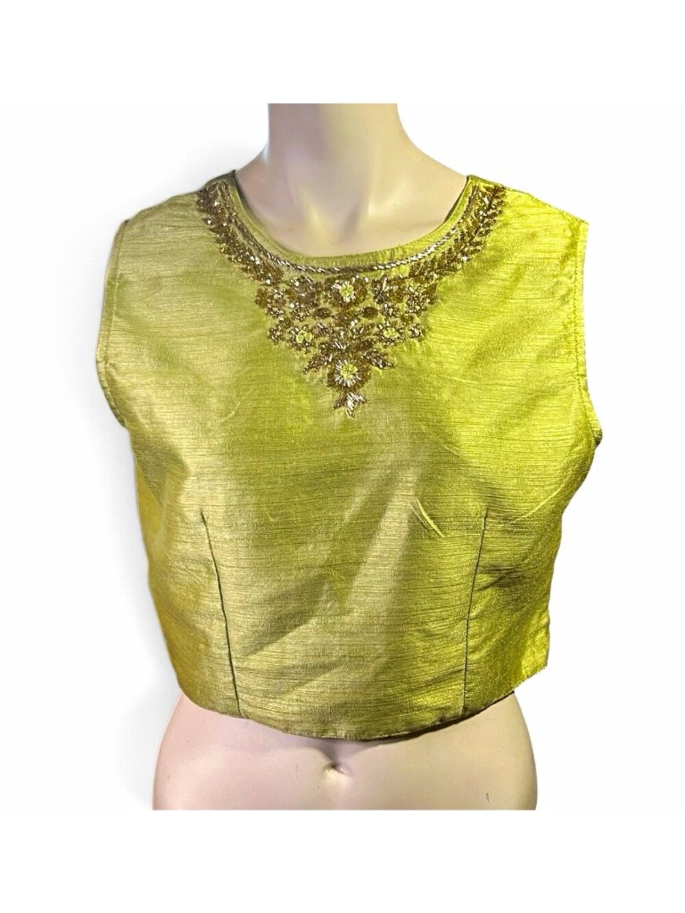 G3 Womens XL Pistachio Green Silk Saree Blouse Gold Beaded Keyhole Crop Top